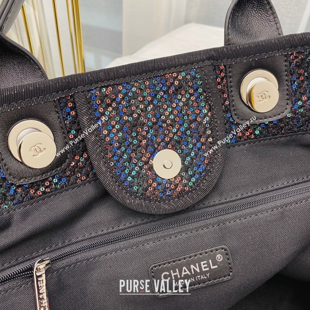 Chanel black sequins Deauville Canvas Tote Shopping Bag (SMJD-210105-04)