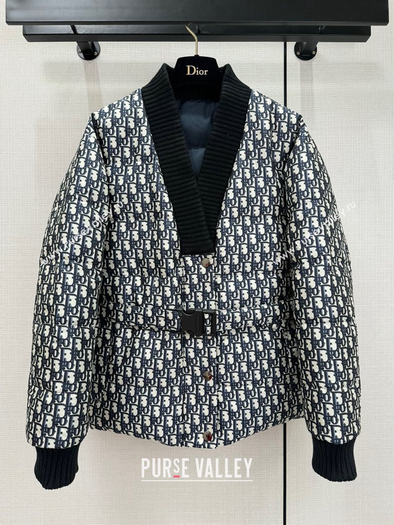 DIOR Blue Quilted Technical Taffeta Jacquard with Dior Oblique Motif DiorAlps Reversible Belted Jacket 2023 (QIQI-2401117-06)