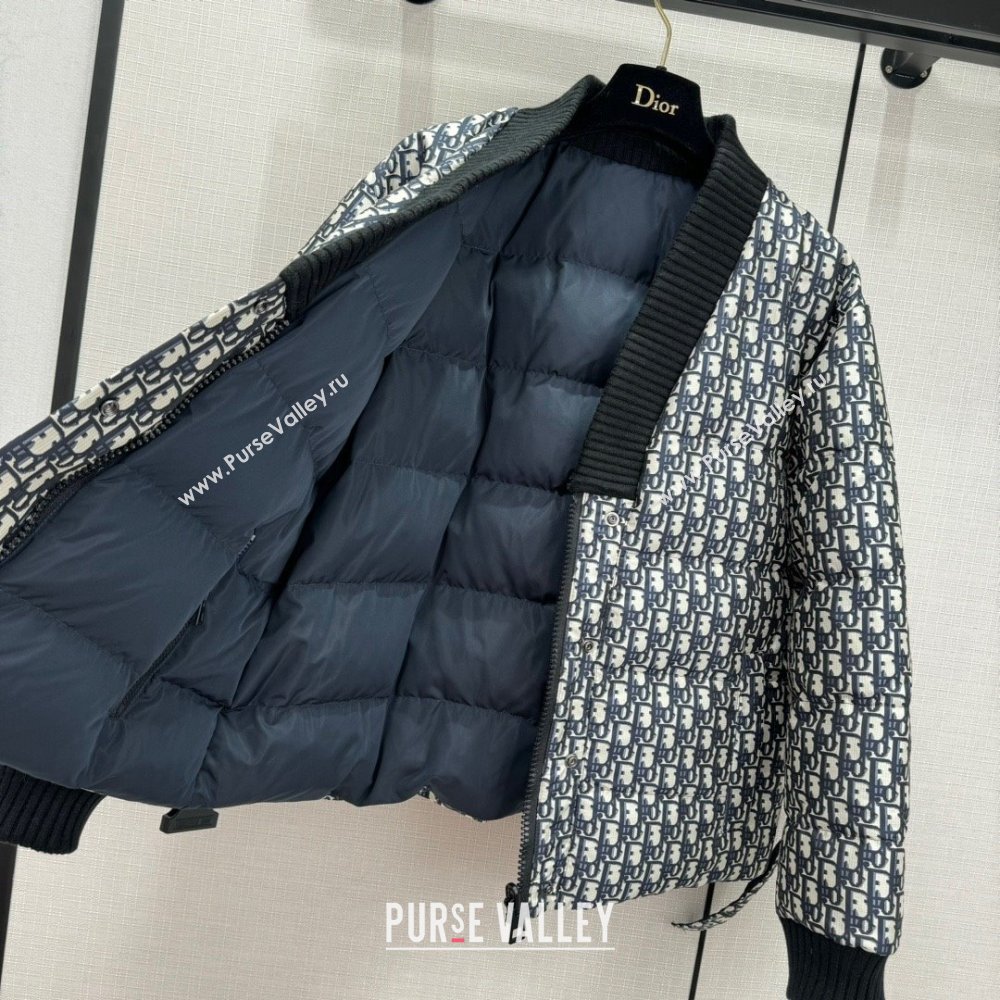 DIOR Blue Quilted Technical Taffeta Jacquard with Dior Oblique Motif DiorAlps Reversible Belted Jacket 2023 (QIQI-2401117-06)