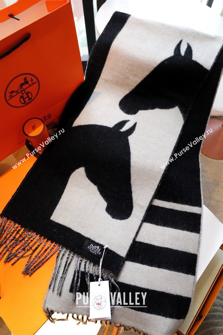 hermes horse printed cashmere scarf black/white 2023 (wtz-2401117-01)