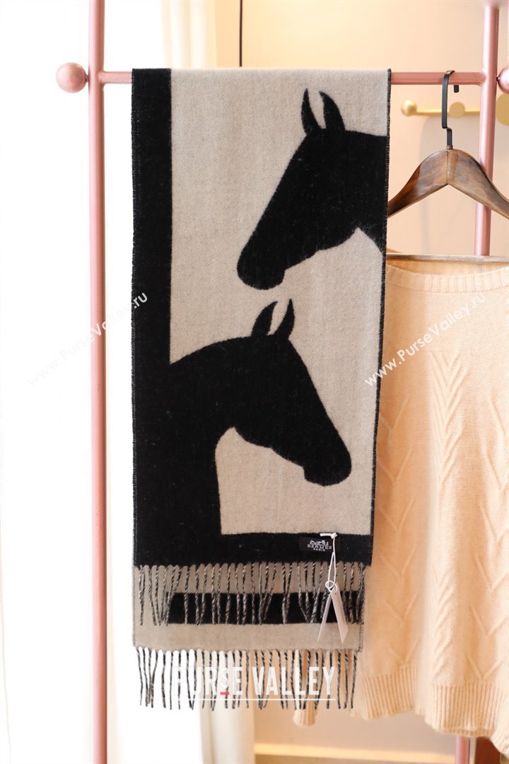 hermes horse printed cashmere scarf black/white 2023 (wtz-2401117-01)