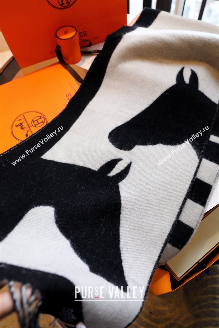 hermes horse printed cashmere scarf black/white 2023 (wtz-2401117-01)