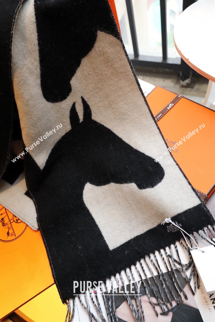 hermes horse printed cashmere scarf black/white 2023 (wtz-2401117-01)