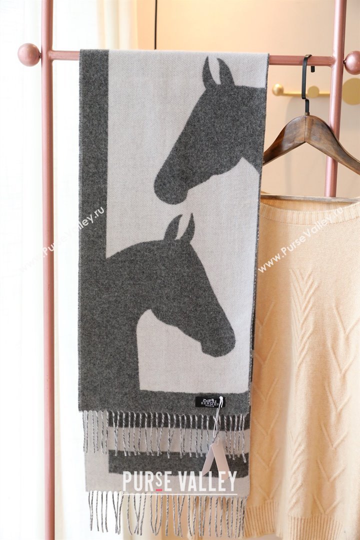 hermes horse printed cashmere scarf gray/white 2023 (wtz-2401117-02)