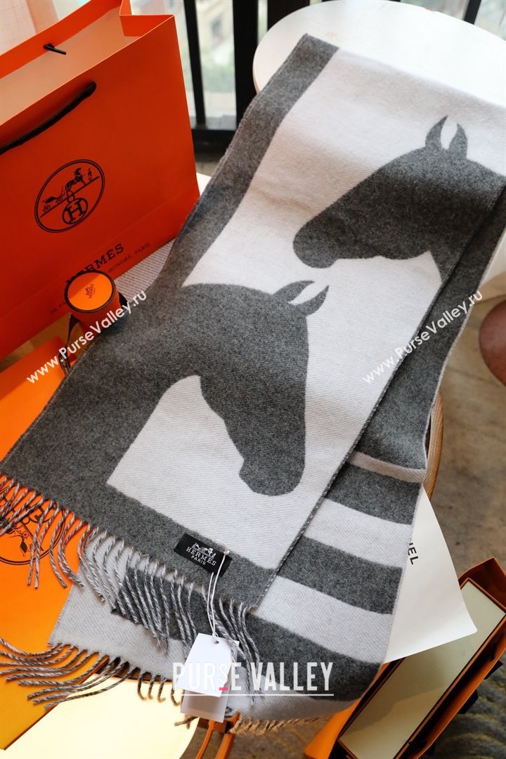 hermes horse printed cashmere scarf gray/white 2023 (wtz-2401117-02)