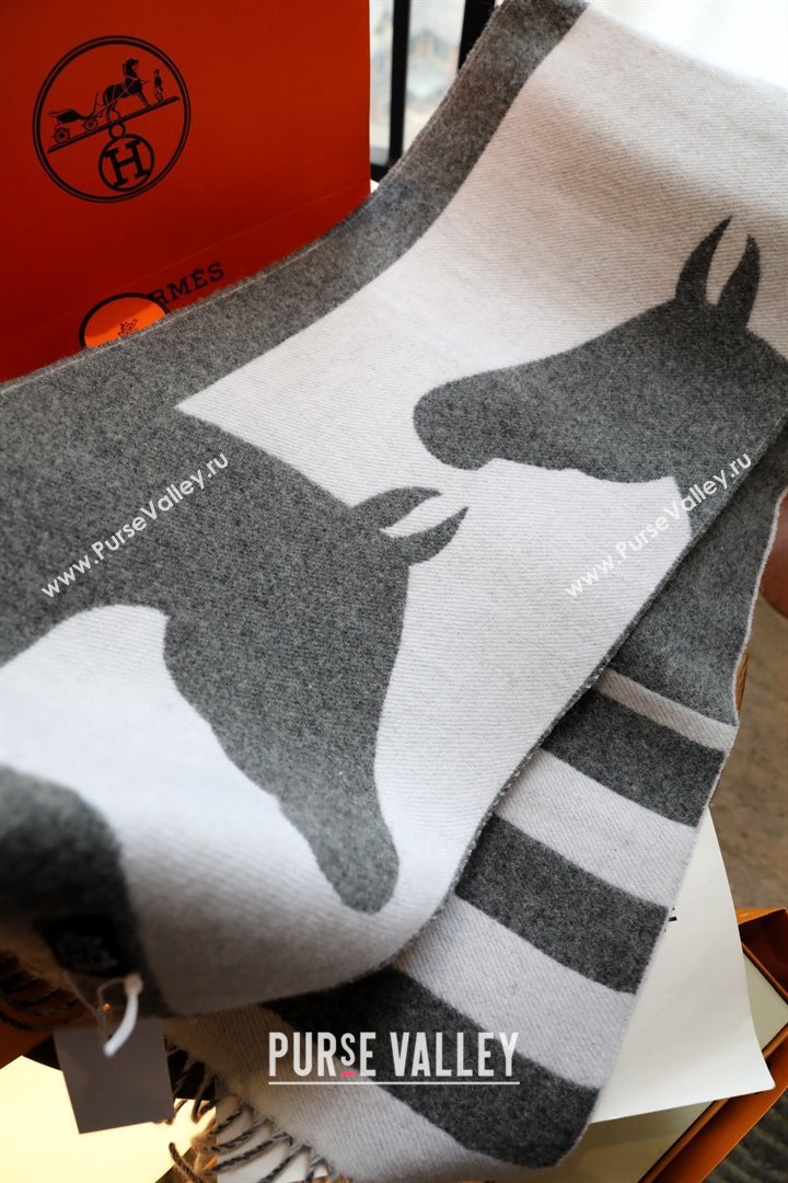 hermes horse printed cashmere scarf gray/white 2023 (wtz-2401117-02)