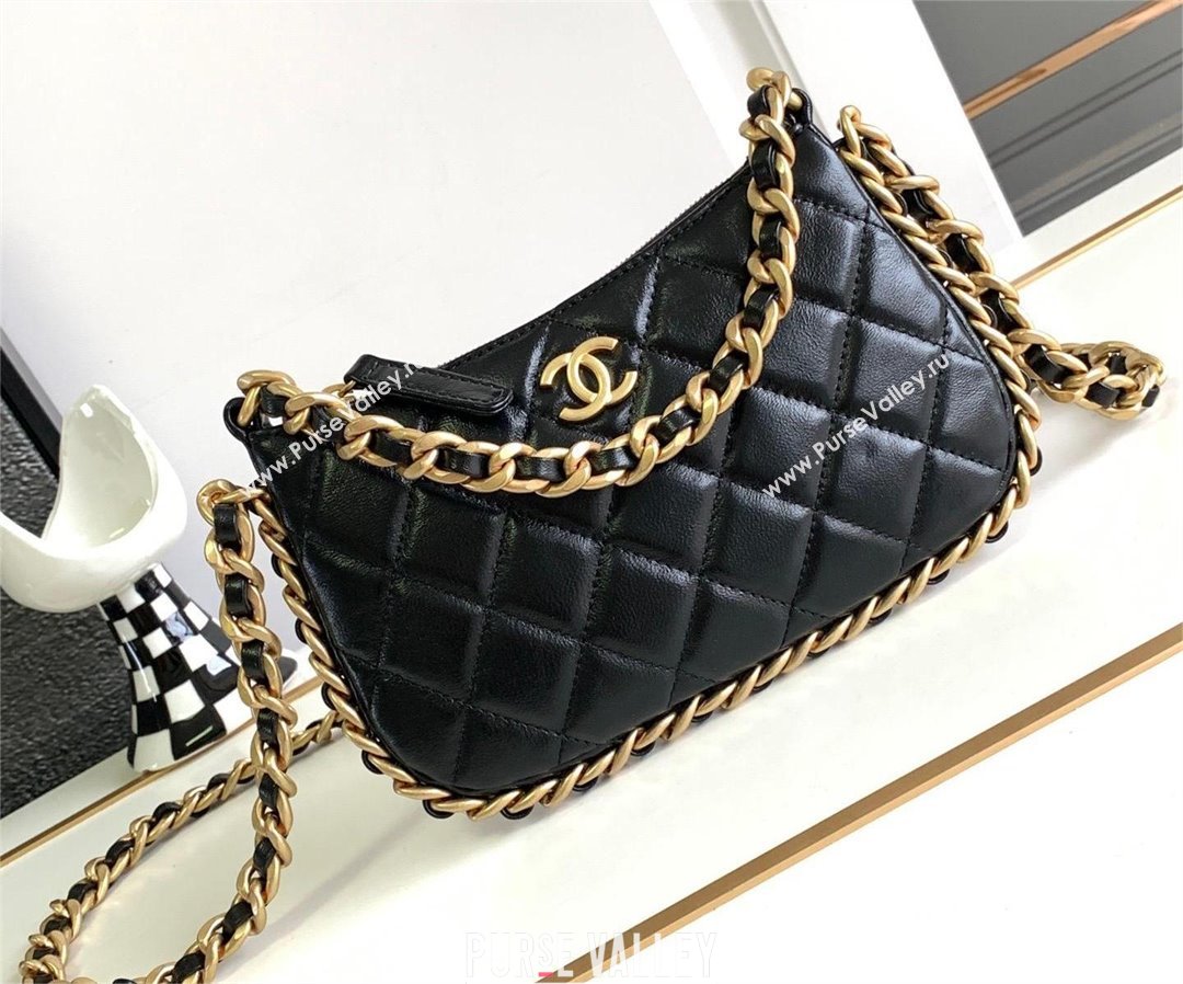 chanel black Shiny Crumpled Lambskin & Gold-Tone Metal Clutch with Chain AP3487 2023 (jiyuan-231128-09)