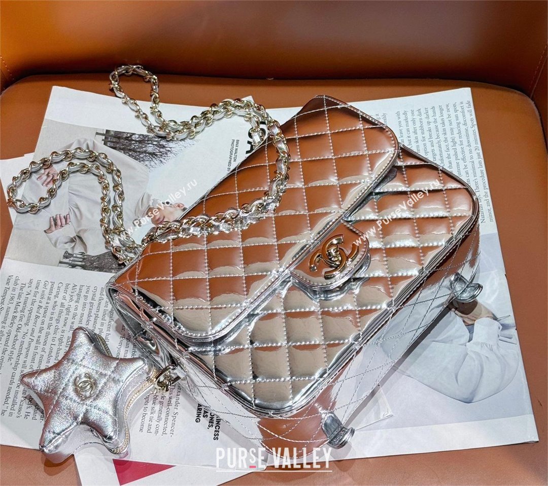 chanel Metallic Mirror Calfskin, Metallic Lambskin & Gold-Tone Metal Silver Flap Bag & Star Coin Purse AS4648 2024 (jiyu