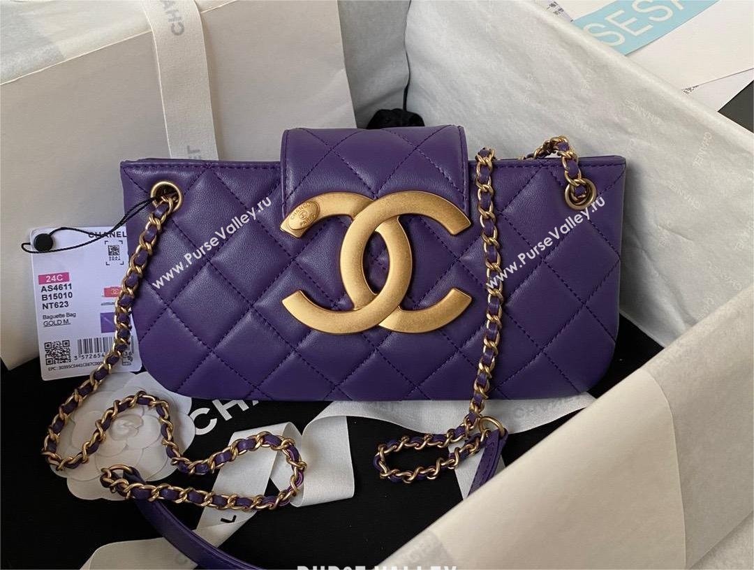 Chanel Lambskin & Gold-Tone Metal Baguette Bag AS4611 purple 2024 (jiyuan-231127-01)
