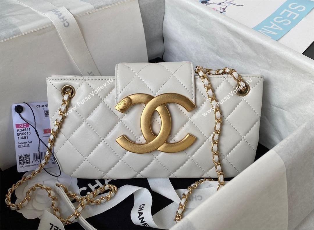 Chanel Lambskin & Gold-Tone Metal Baguette Bag AS4611 white 2024 (jiyuan-231128-02)
