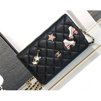 chanel Black Lambskin, Enamel & Gold-Tone Metal Classic Wallet on Chain AP0250 2024 (jiyuan-231128-07)