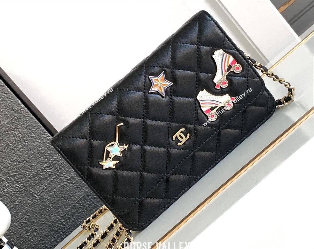 chanel Black Lambskin, Enamel & Gold-Tone Metal Classic Wallet on Chain AP0250 2024 (jiyuan-231128-07)