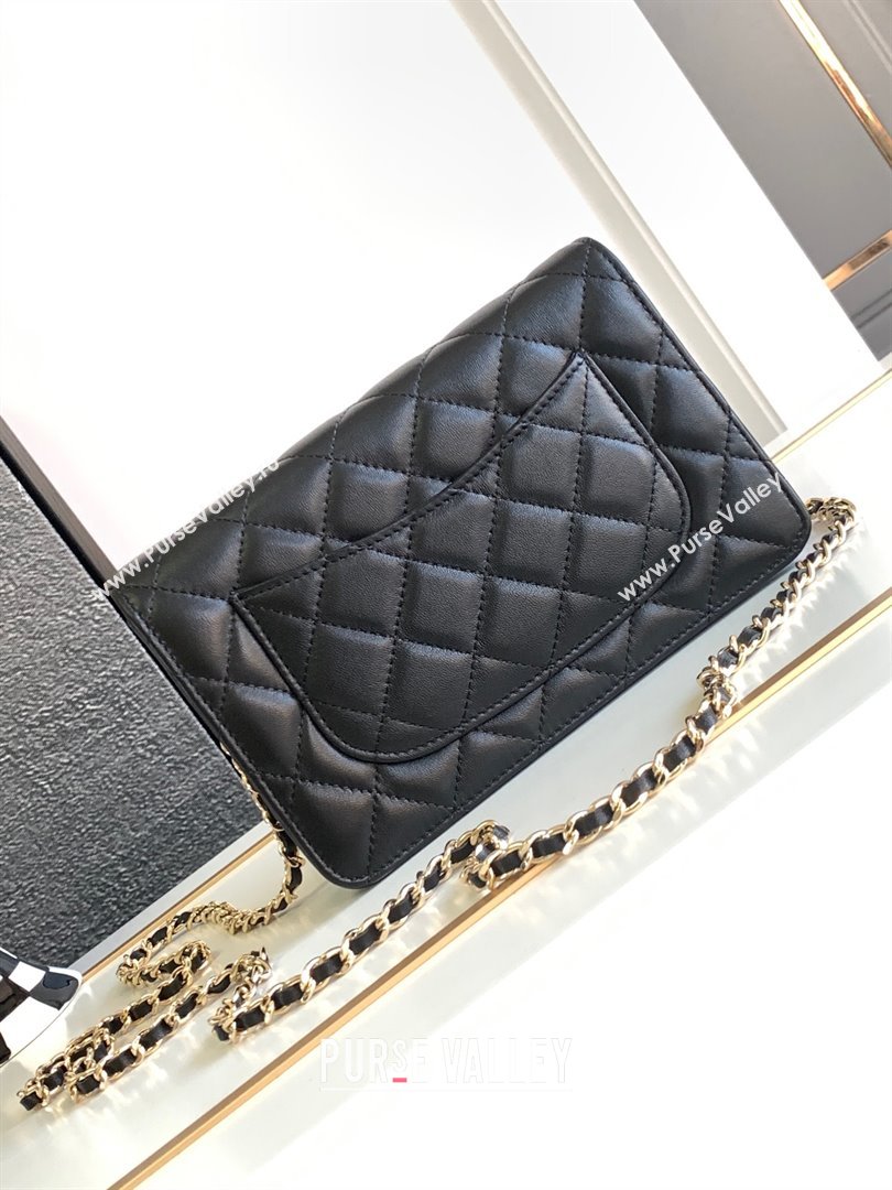 chanel Black Lambskin, Enamel & Gold-Tone Metal Classic Wallet on Chain AP0250 2024 (jiyuan-231128-07)