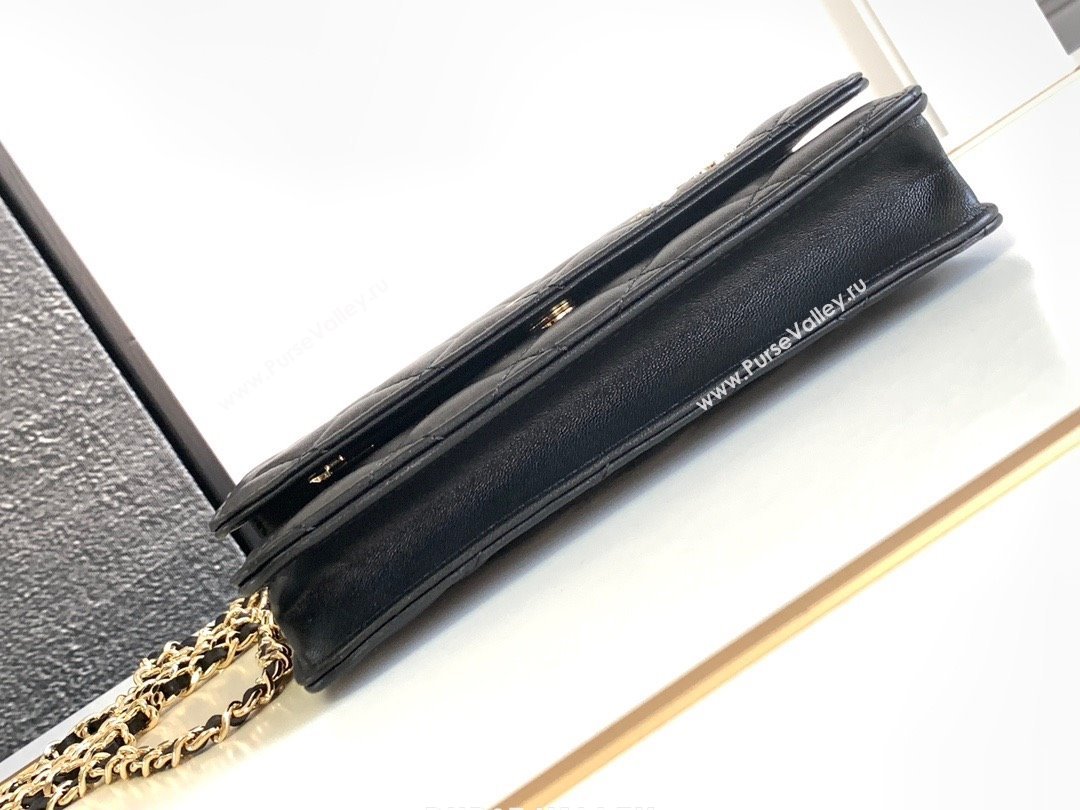 chanel Black Lambskin, Enamel & Gold-Tone Metal Classic Wallet on Chain AP0250 2024 (jiyuan-231128-07)