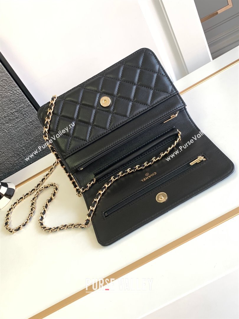 chanel Black Lambskin, Enamel & Gold-Tone Metal Classic Wallet on Chain AP0250 2024 (jiyuan-231128-07)