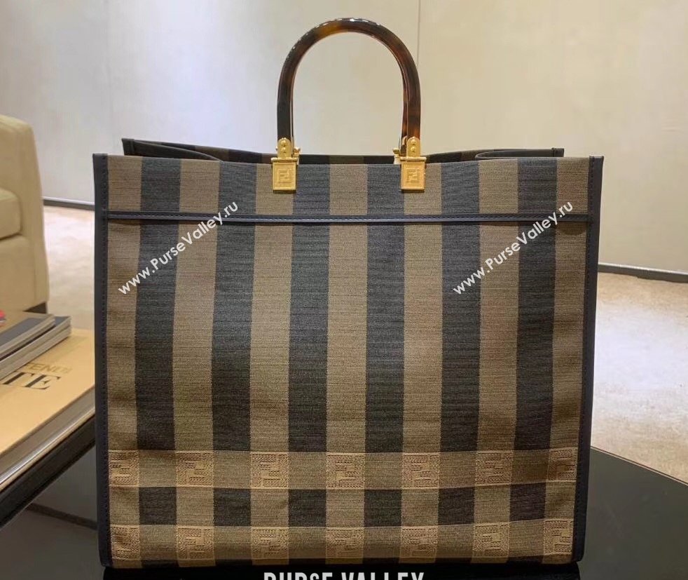 Fendi Jacquard Fabric Sunshine Shopper Tote Bag Pequin Check Brown 2020 (boxini-20042014)