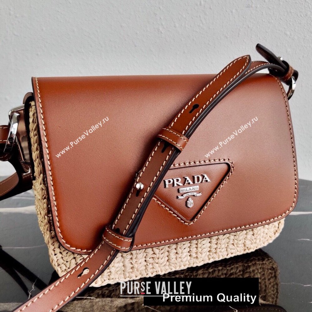 Prada Leather and Wicker Shouler Bag 1BD043 Brown 2020 (ziyin-20080407)