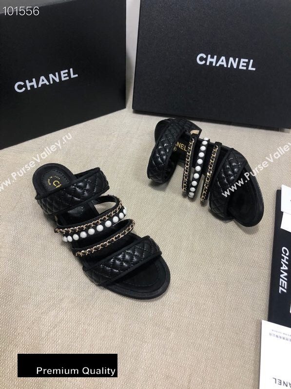 Chanel Heel 4.5cm Lambskin Chain and Pearl Mules Black 2020 (gaozitai-20081423)