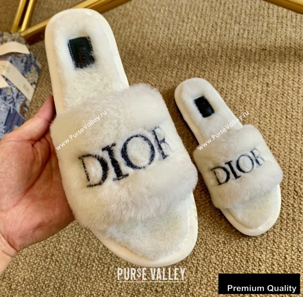 Dior Logo Shearling Slides Mules White/Black 2020 (lirenfang-20082607)