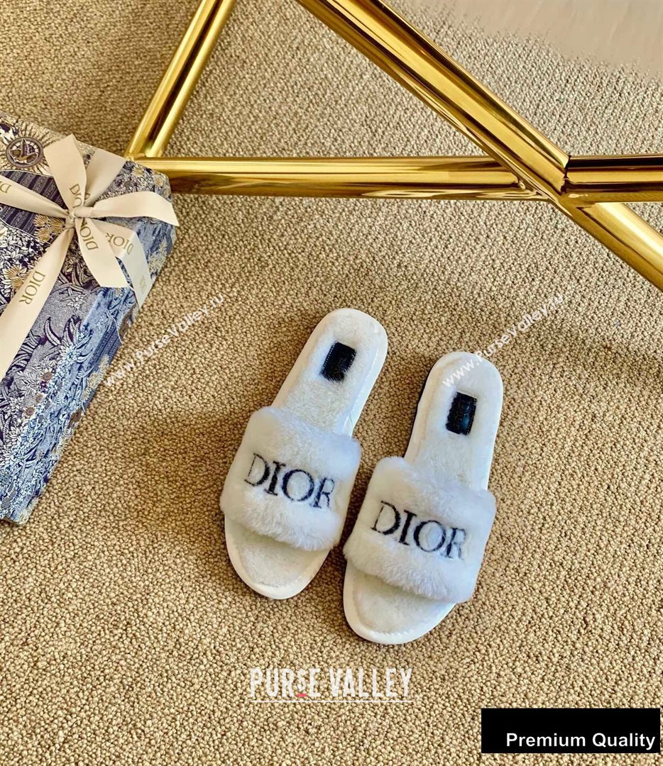 Dior Logo Shearling Slides Mules White/Black 2020 (lirenfang-20082607)