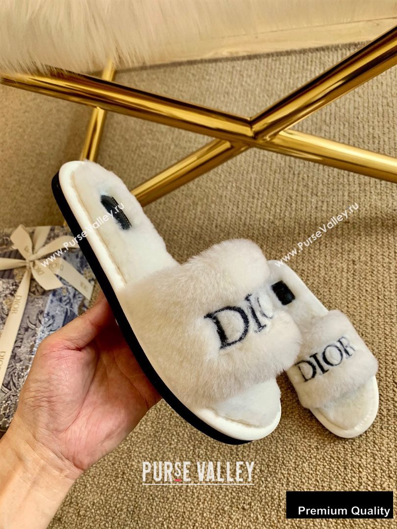 Dior Logo Shearling Slides Mules White/Black 2020 (lirenfang-20082607)