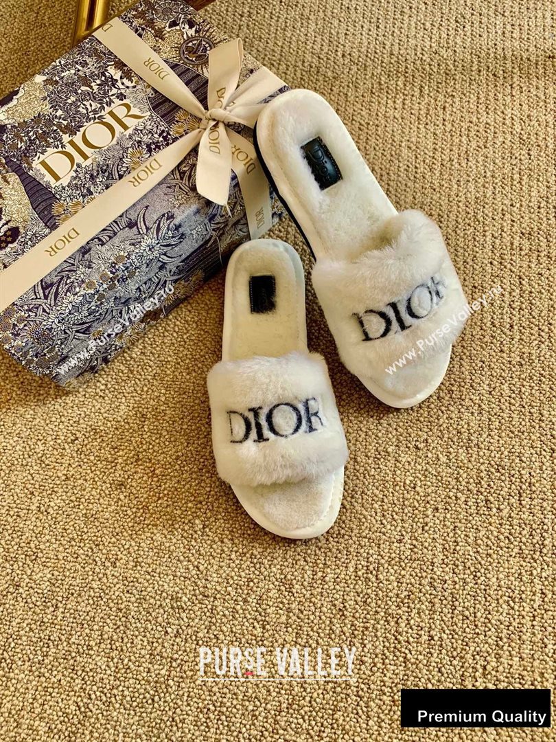 Dior Logo Shearling Slides Mules White/Black 2020 (lirenfang-20082607)