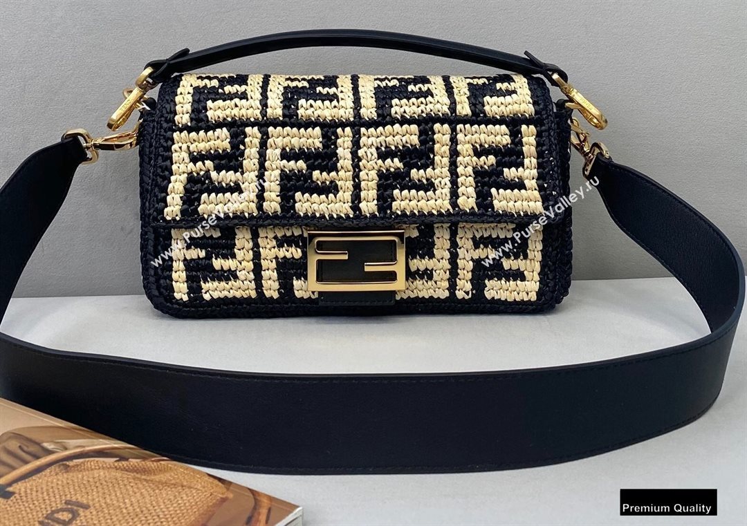 Fendi Raffia FF Medium Baguette Bag Black 2020 (chaoliu-20083111)