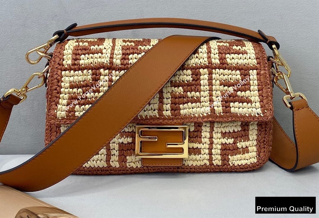 Fendi Raffia FF Medium Baguette Bag Brown 2020 (chaoliu-20083112)