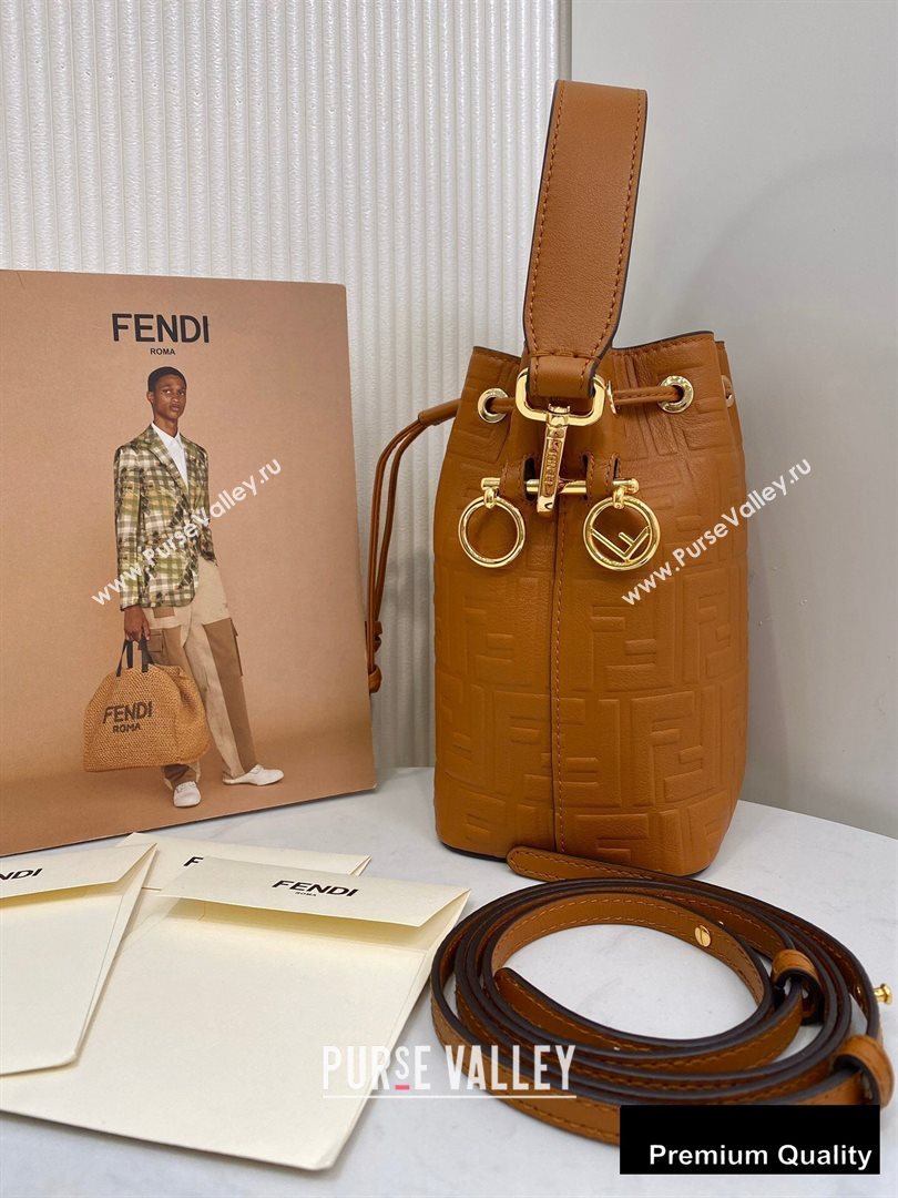 Fendi Leather Mon Tresor Bucket Mini Bag Embossed FF Brown 2020 (chaoliu-20090141)