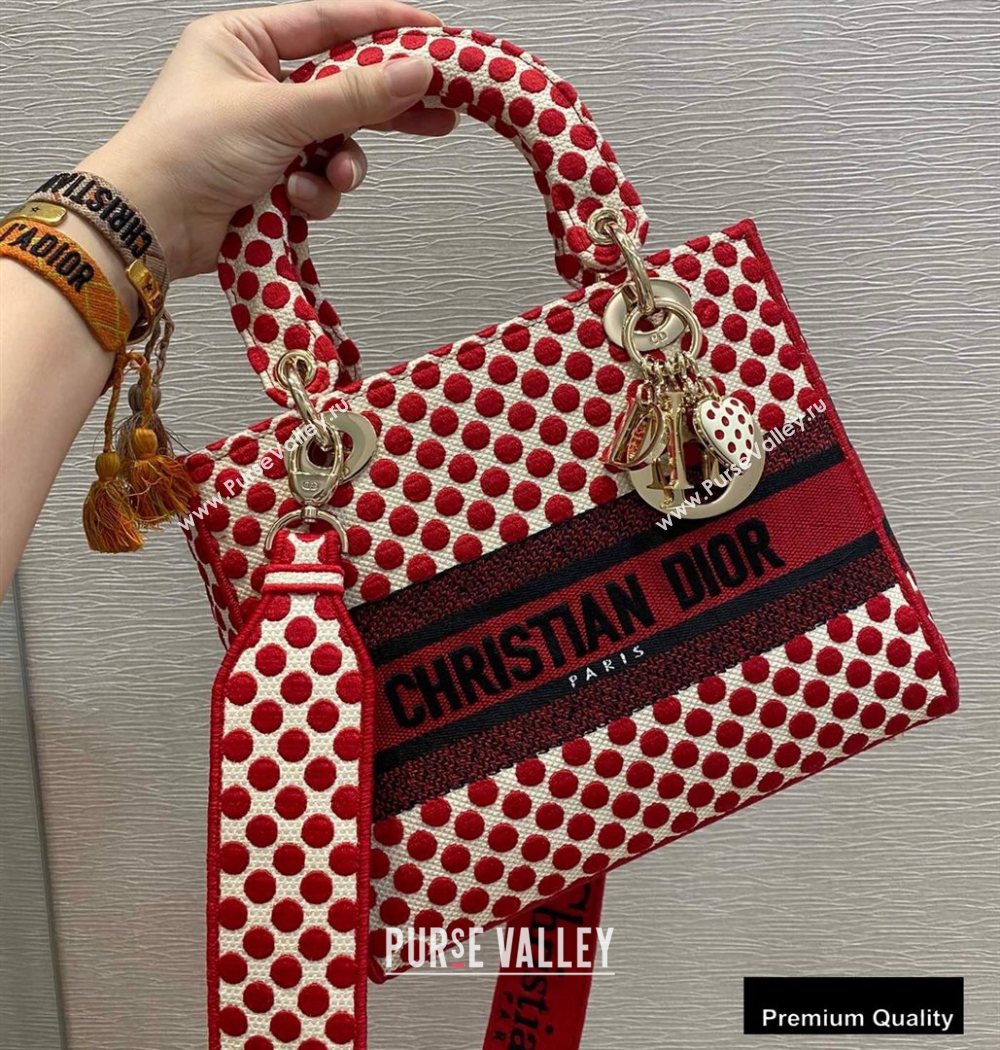 Lady Dior Medium Bag in D-Lite Dioramour Red Dots Embroidery 2020 (vivi-20090919)