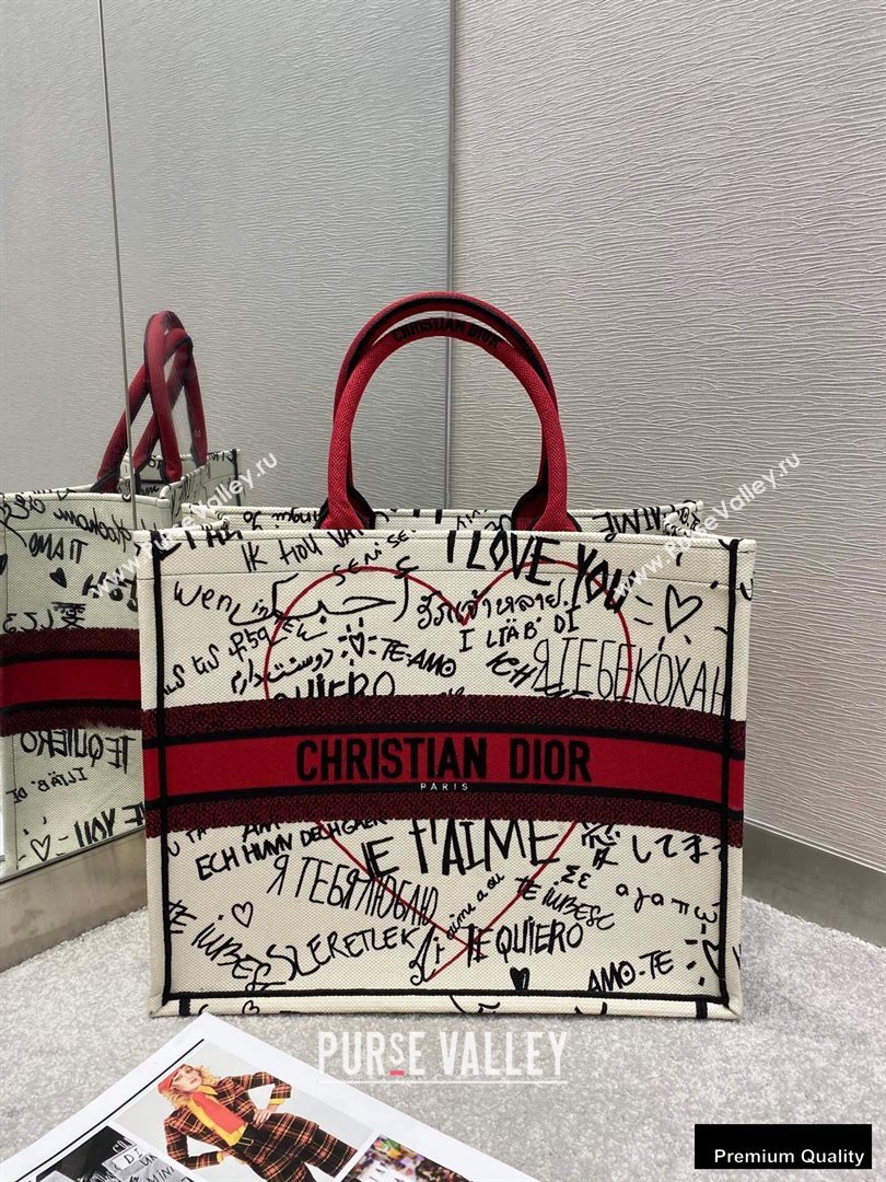 Dior Book Tote Bag in Latte Multicolor Dioramour Graffiti Embroidery 2020 (vivi-20090916)