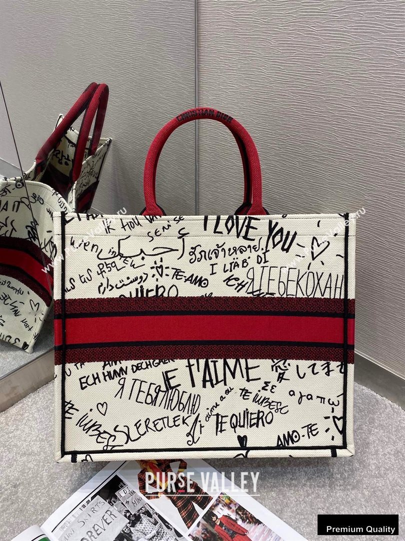 Dior Book Tote Bag in Latte Multicolor Dioramour Graffiti Embroidery 2020 (vivi-20090916)