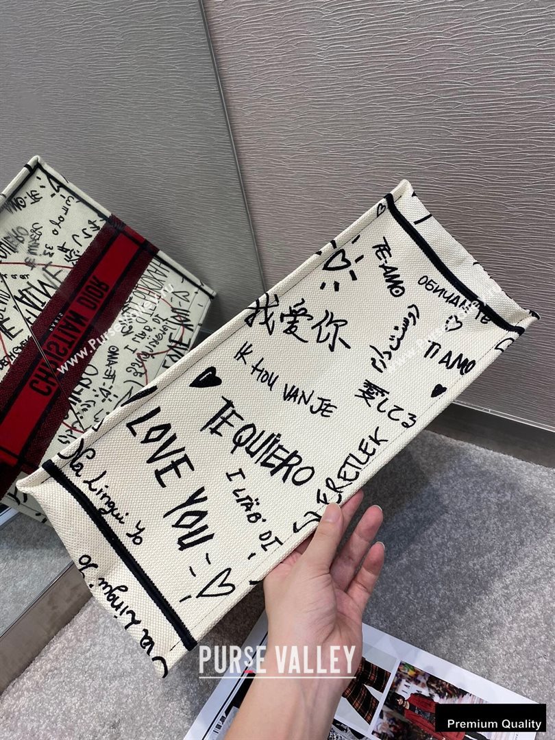 Dior Book Tote Bag in Latte Multicolor Dioramour Graffiti Embroidery 2020 (vivi-20090916)