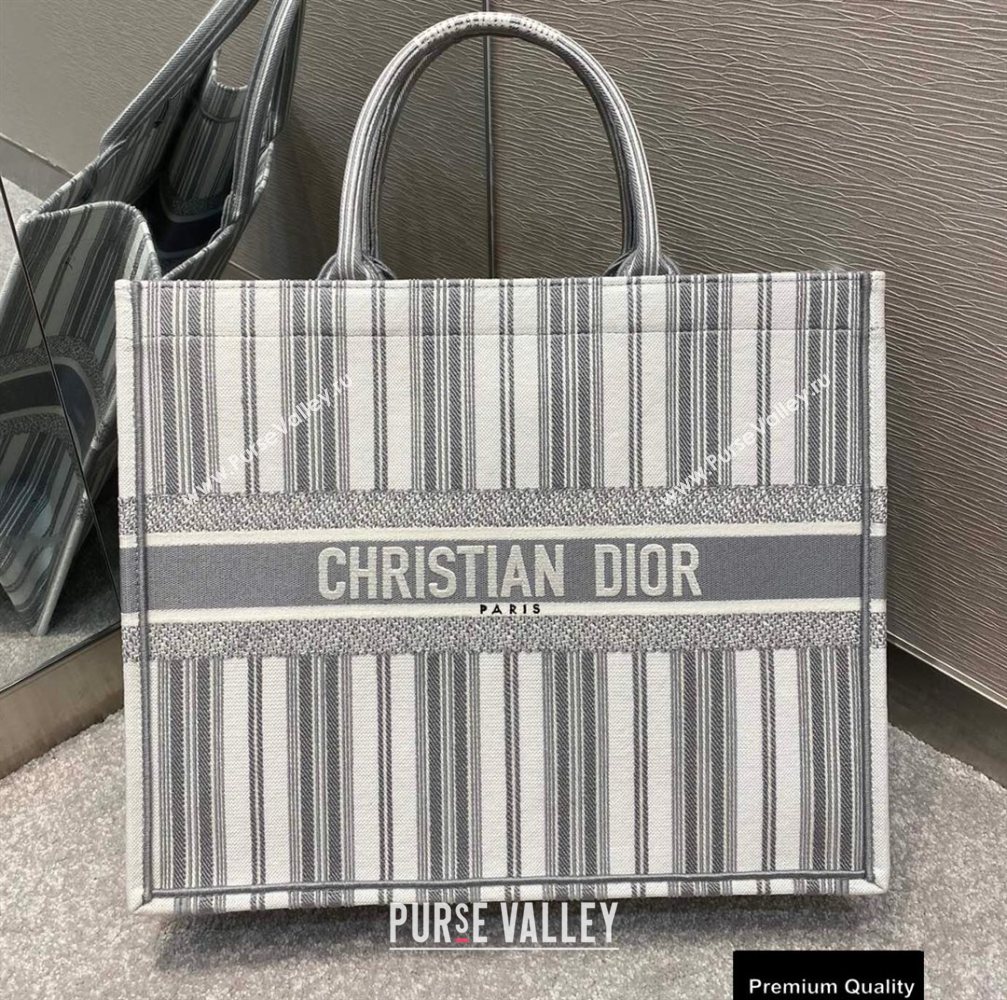 Dior Book Tote Bag In Striped Canvas Gray 2020 (vivi-20090913)