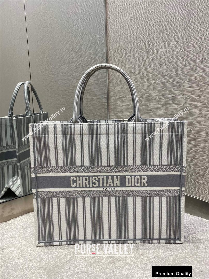 Dior Book Tote Bag In Striped Canvas Gray 2020 (vivi-20090913)