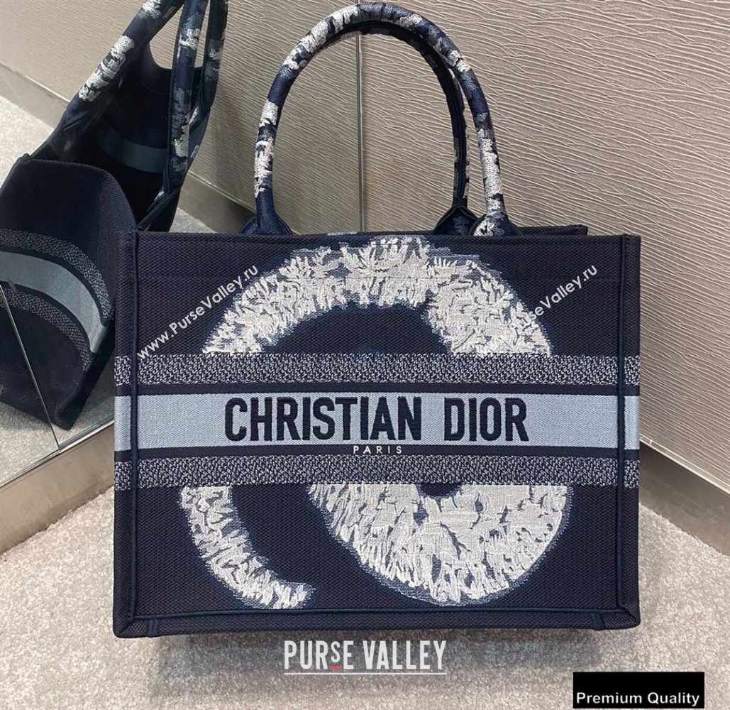 Dior Small Book Tote Bag in Blue Multicolor Tie Embroidery 2020 (vivi-20090907)