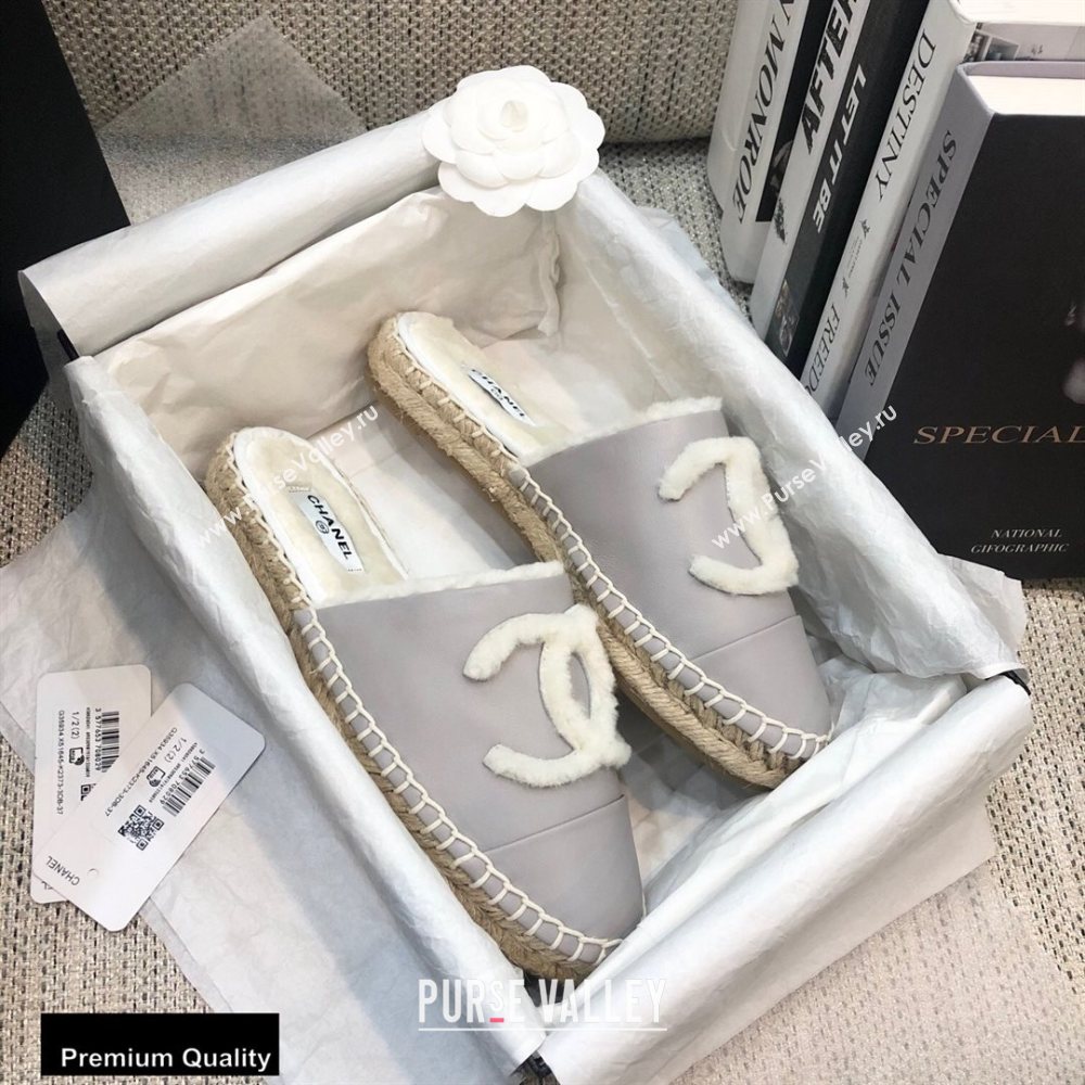 Chanel Shearling Fur Lining CC Logo Espadrilles Mules Gray 2020 (kewei-20091210)