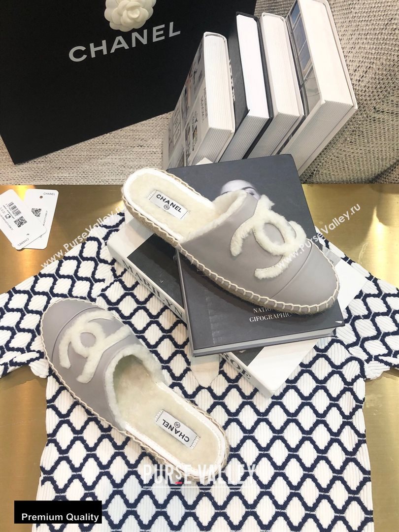 Chanel Shearling Fur Lining CC Logo Espadrilles Mules Gray 2020 (kewei-20091210)