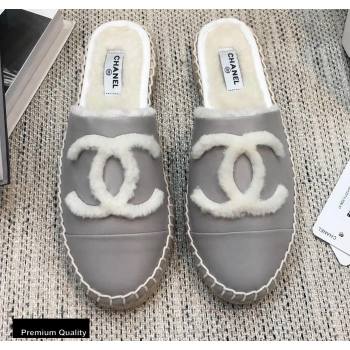 Chanel Shearling Fur Lining CC Logo Espadrilles Mules Gray 2020 (kewei-20091210)