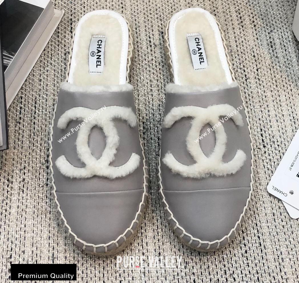 Chanel Shearling Fur Lining CC Logo Espadrilles Mules Gray 2020 (kewei-20091210)