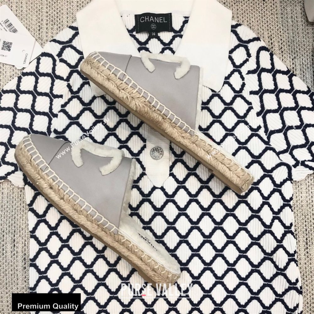 Chanel Shearling Fur Lining CC Logo Espadrilles Mules Gray 2020 (kewei-20091210)