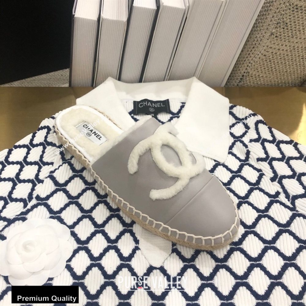 Chanel Shearling Fur Lining CC Logo Espadrilles Mules Gray 2020 (kewei-20091210)