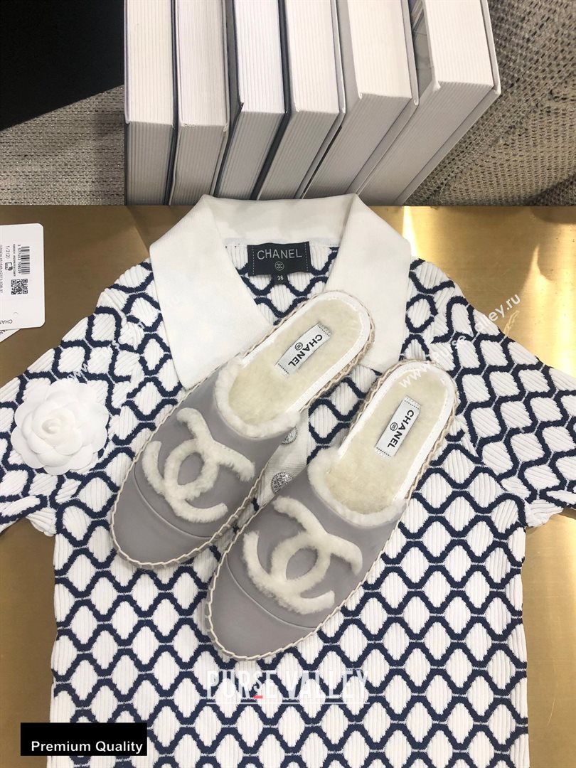 Chanel Shearling Fur Lining CC Logo Espadrilles Mules Gray 2020 (kewei-20091210)