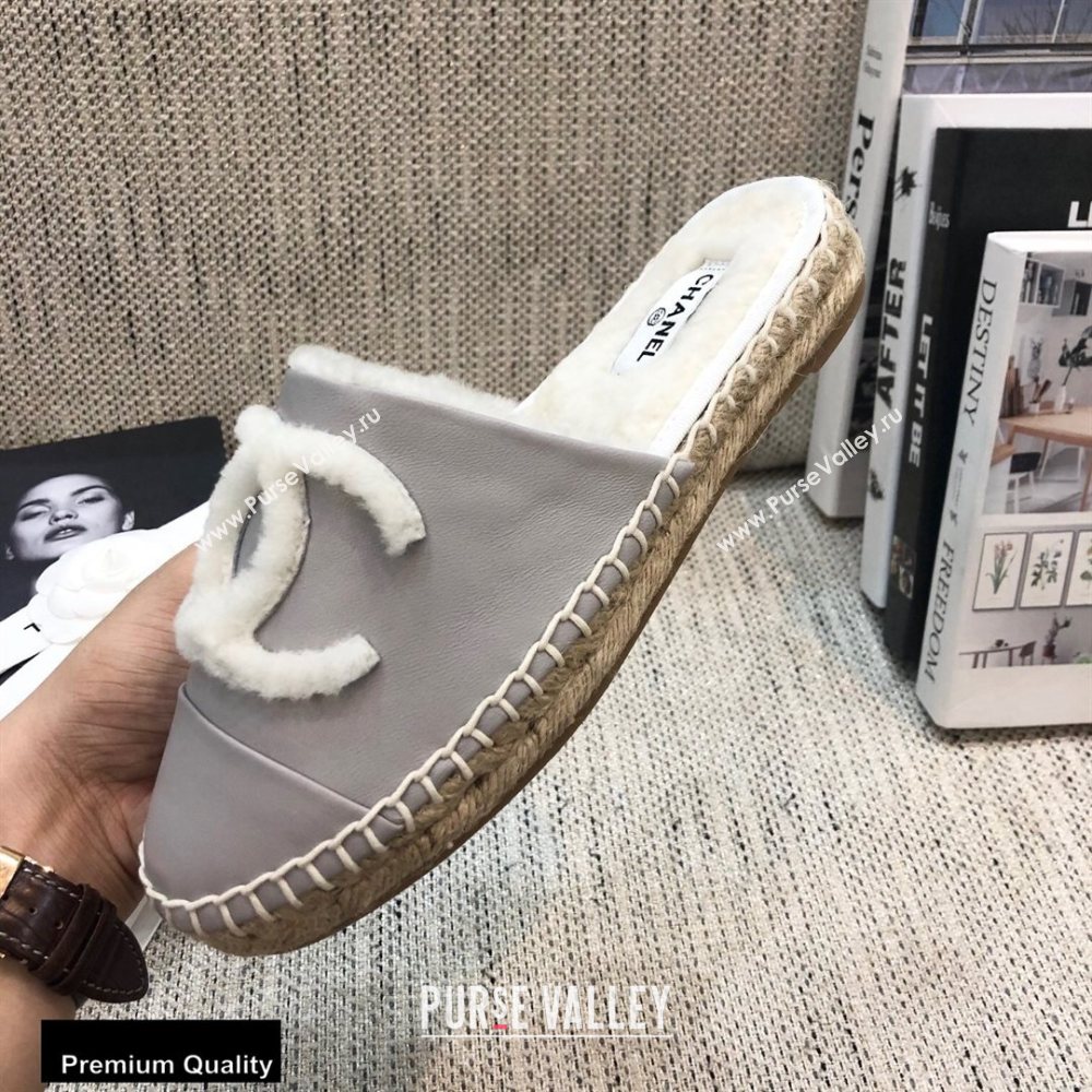 Chanel Shearling Fur Lining CC Logo Espadrilles Mules Gray 2020 (kewei-20091210)