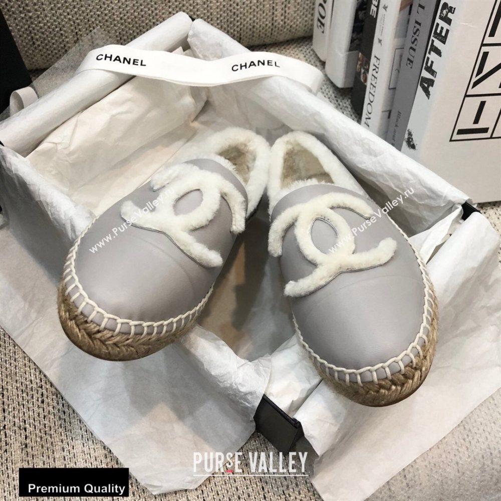 Chanel Shearling Fur Lining CC Logo Espadrilles Gray 2020 (kewei-20091203)