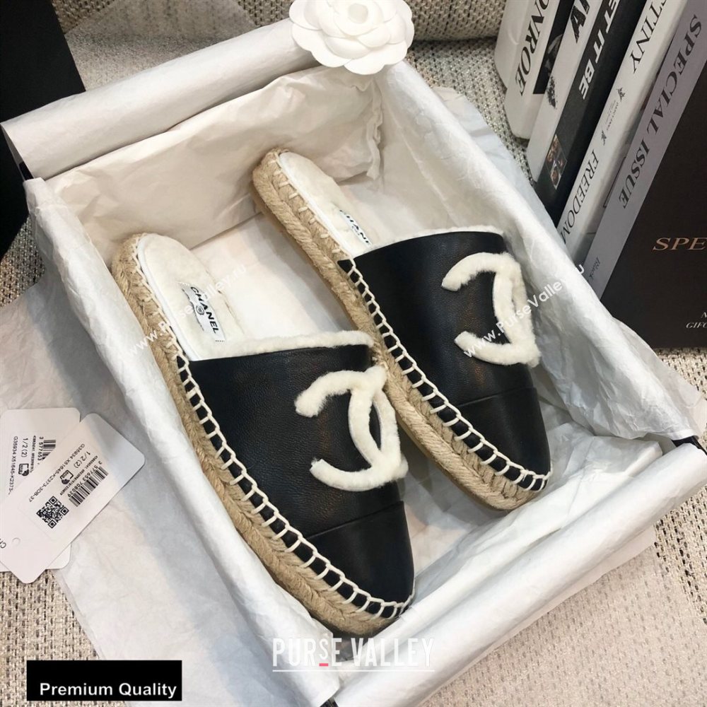 Chanel Shearling Fur Lining CC Logo Espadrilles Mules Black 2020 (kewei-20091208)