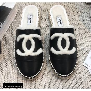 Chanel Shearling Fur Lining CC Logo Espadrilles Mules Black 2020 (kewei-20091208)