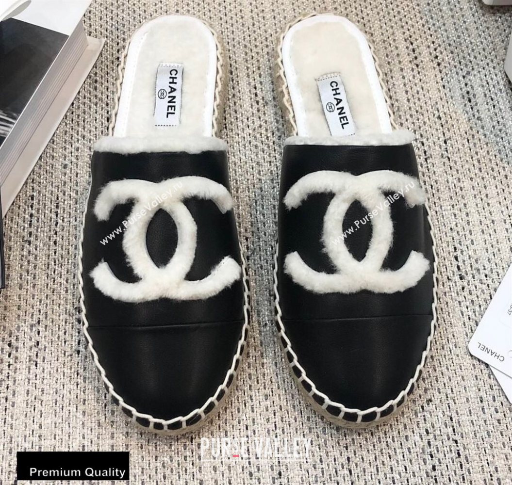 Chanel Shearling Fur Lining CC Logo Espadrilles Mules Black 2020 (kewei-20091208)