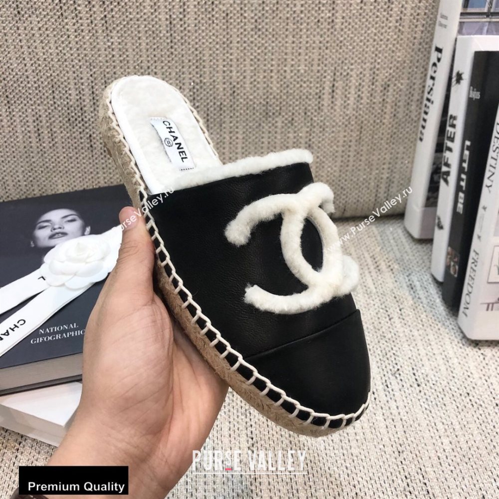 Chanel Shearling Fur Lining CC Logo Espadrilles Mules Black 2020 (kewei-20091208)