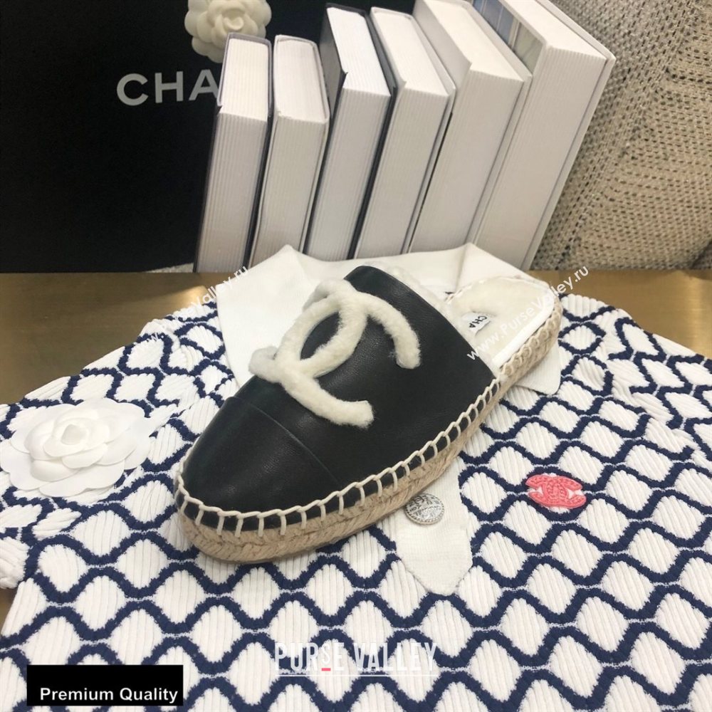 Chanel Shearling Fur Lining CC Logo Espadrilles Mules Black 2020 (kewei-20091208)